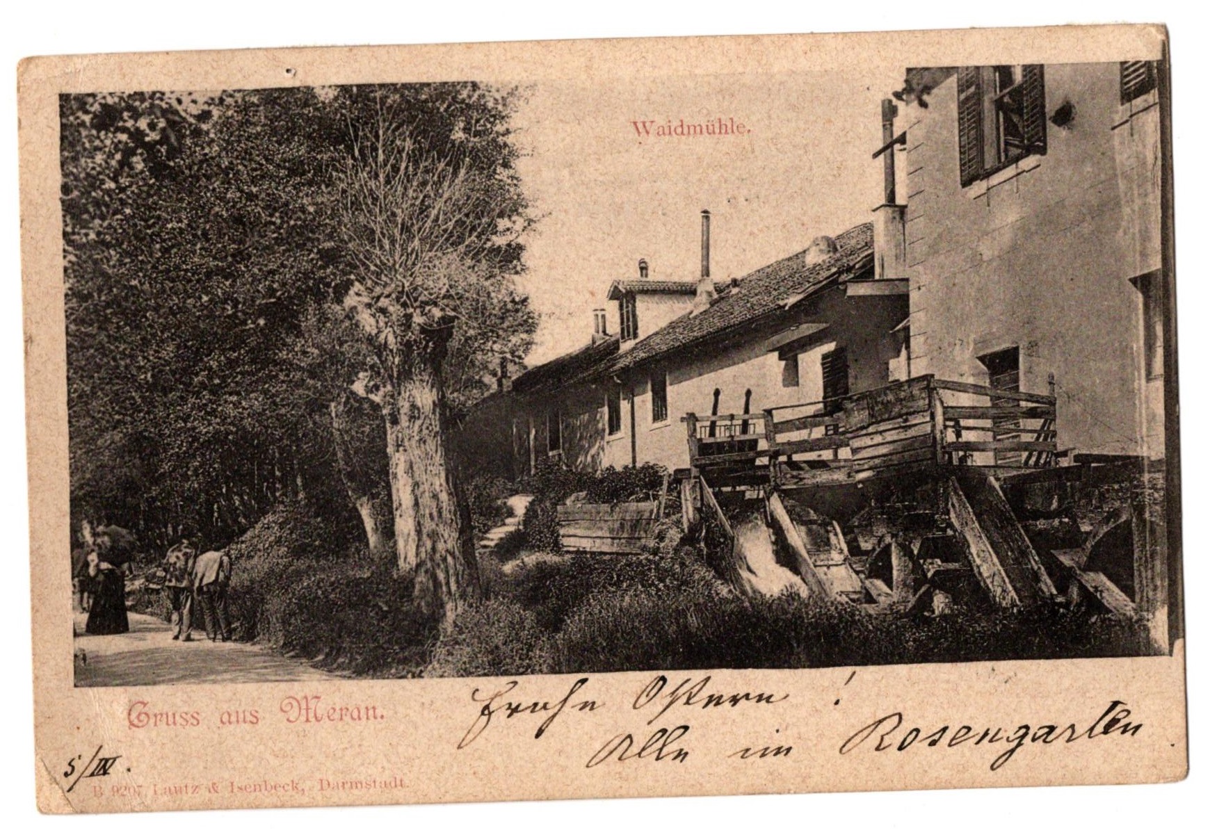 Postkarte mit Fotodarstellung der Waidmühle, Meran